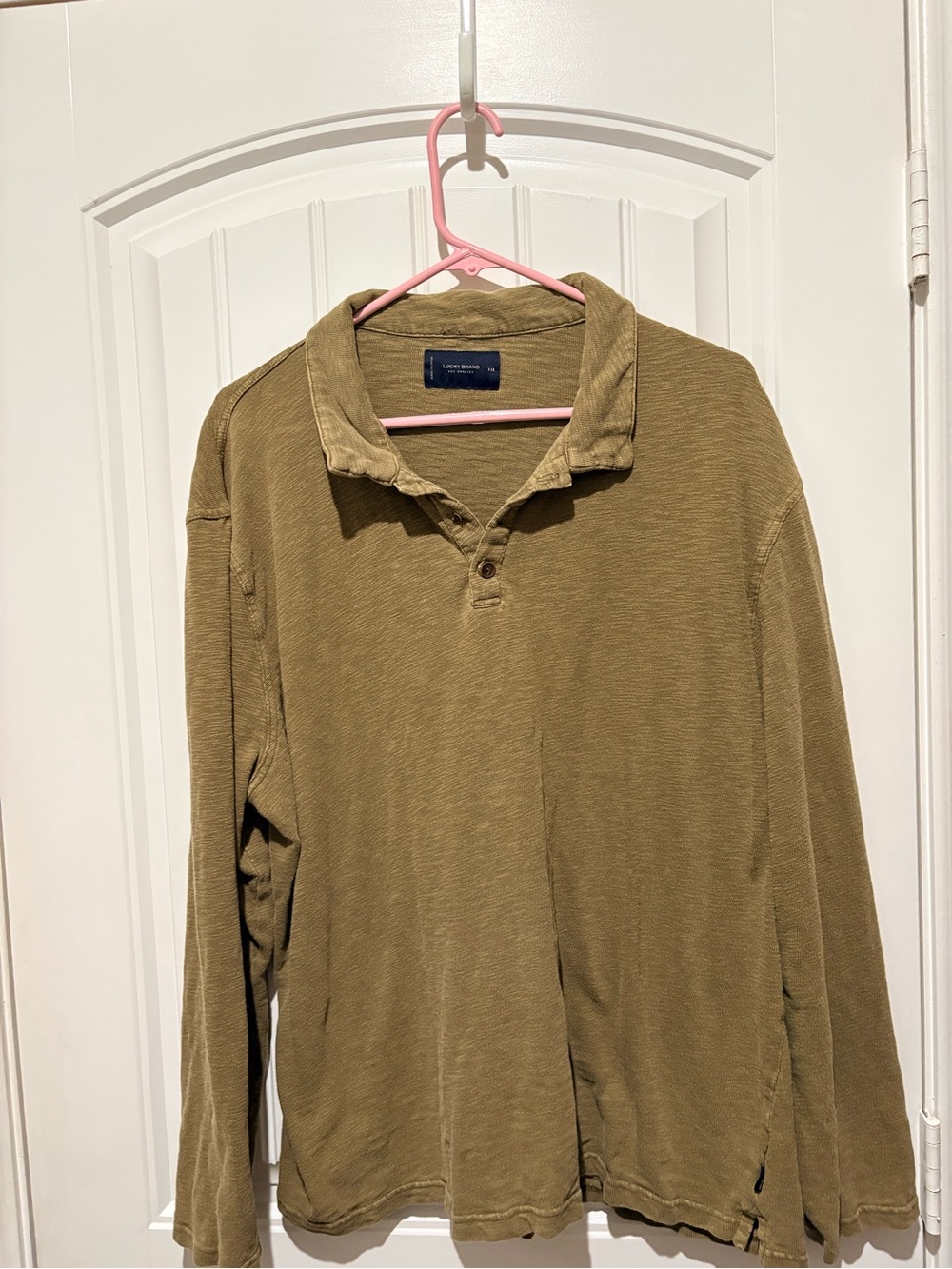 Lucky Brand Men XXL Olive Green Slub Knit Long Sleeve Henley Polo Shirt